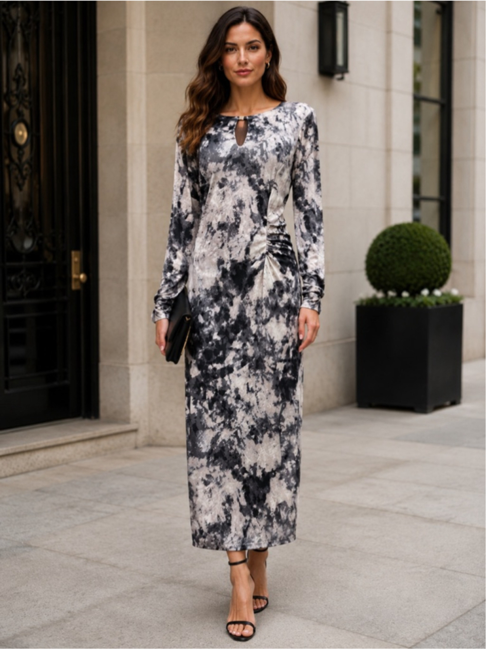 Ghost London Dress Women 10 Ruched Stretch Draped Abstract Artsy Gray Black Maxi
